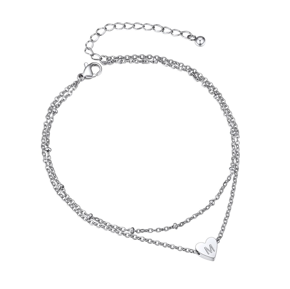 aladdien - Enkelband - Dubbellaags - Roestvrij staal - Zilverkleurig - Hartletter - Geschikt voor dames en meisjes - 21 cm + 5 cm
