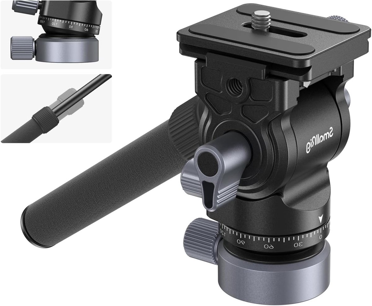 Fluid Video Statiefkop met Nivelleerbasis, Snelle Ontgrendelplaat voor Arca-Swiss en Verstelbare Handgreep, Compacte Pan Tilt Hoofden voor DSLR Camera's, Tot 4kg Belastbaar