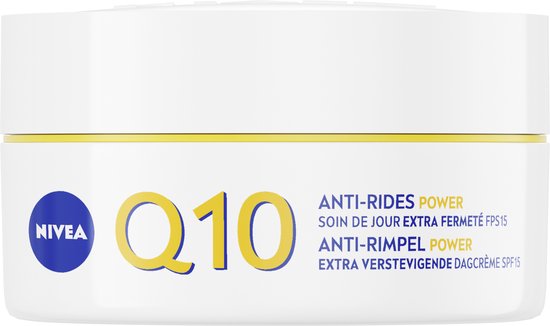 Pot NIVEA Q10 Anti-Rimpel Power Dagcrème SPF 15 met Nederlandse en Franse tekst.