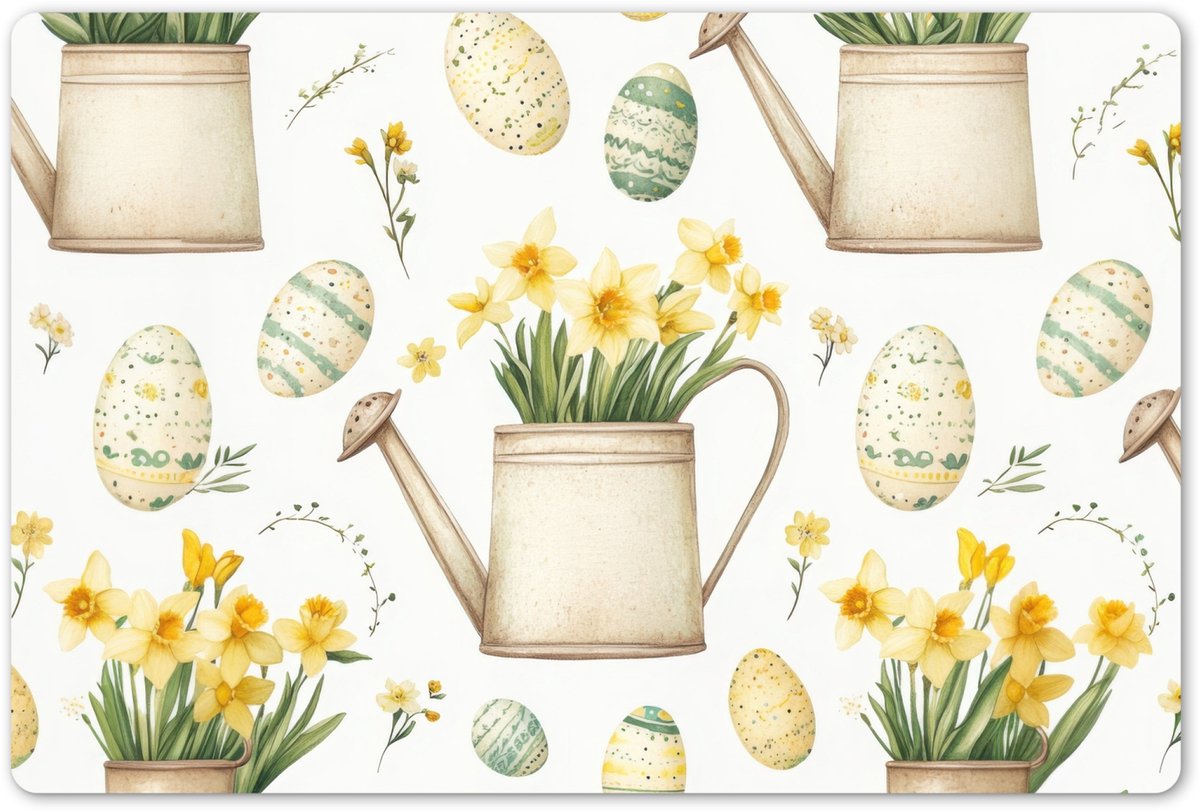 Placemats 45x30 cm - Placemat kunststof - 1 stuk - Gieter - Bloemen - Eieren - Borden onderleggers - Decoratie voor op tafel - Keuken tafeldecoratie accessoires - Vinyl onderlegger - Tafelversiering