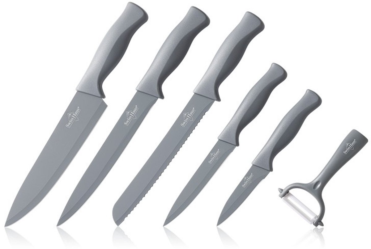 Swiss Haus® KS6S Messenset - 6 Delig Professionele Koksmessen Set met Broodmes, Koksmes, Vleesmes & Dunschiller – Antiaanbaklaag – Inclusief Geschenkdoos - Grijs