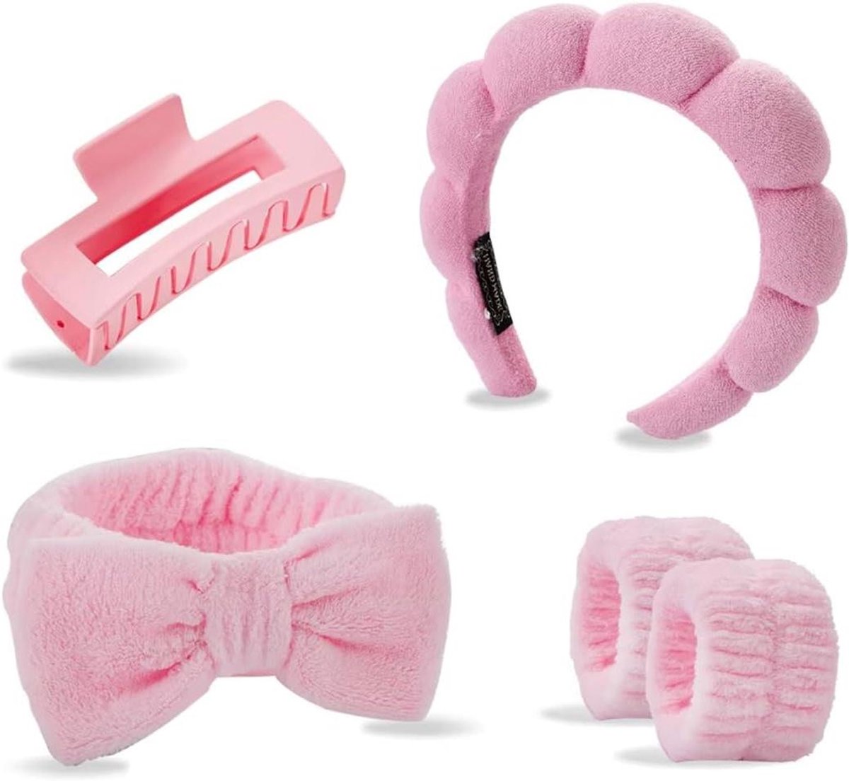 Spa Haarband Set - Gezichtsreinigingsband Manchetten - Huidverzorging Thuis - Zacht Badstof Materiaal - 5 Stuks - Roze
