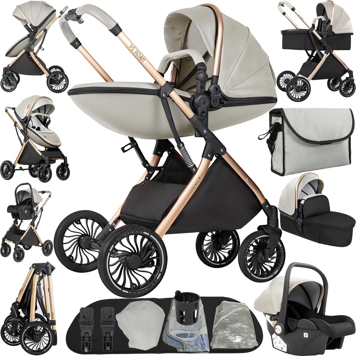 Kinderwagen 4-in-1 - Reiswieg Kinderzitje - Baby Vervoer - Hoge Positie - 82 x 61 x 105 cm - Geel