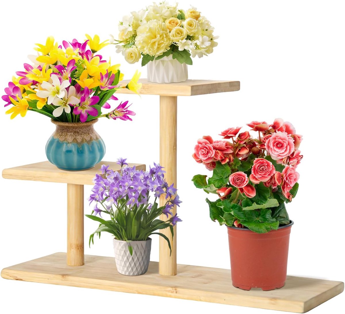 Famanu – Mini bamboe plantenstandaard met 3 lagen, ideaal voor tafelblad en bureau, perfect voor kleine potplanten