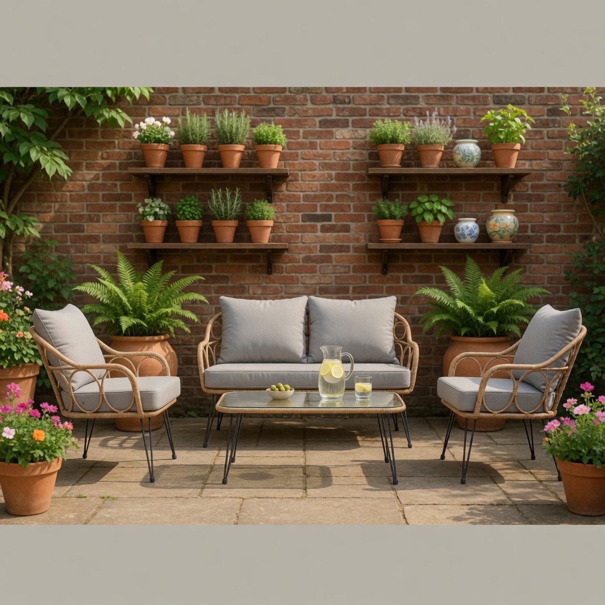 4-Delige Loungeset Cairo Buiten - 2 Fauteuils + Tweezitsbank + Bijzettafel - Bruine Polyrotan Tuinmeubelen met Grijze Kussens - Weerbestendige Wicker Loungemeubelen voor Tuin, Terras en Balkon - IndustroHome