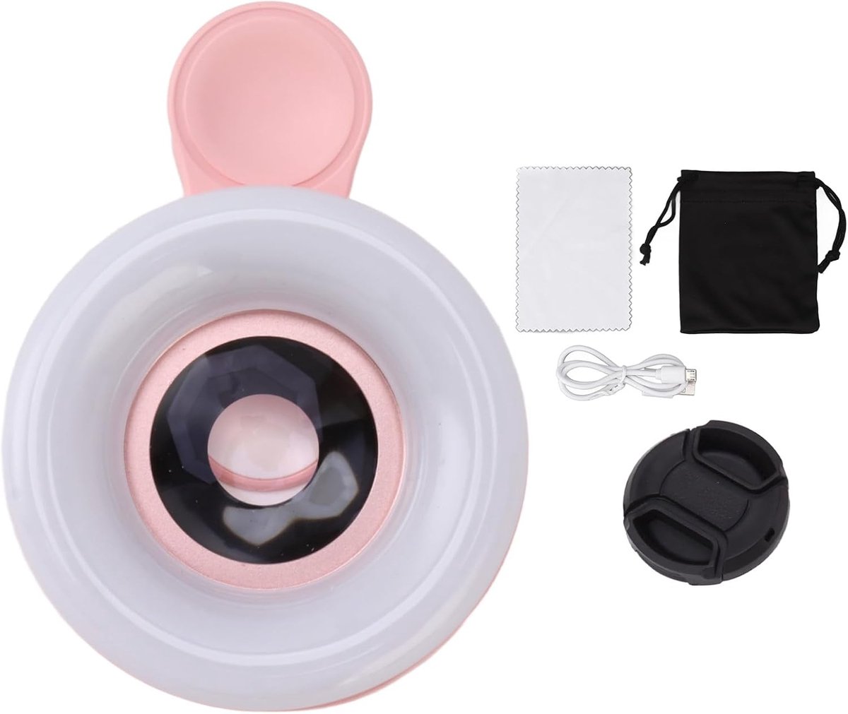 15X Macro-objectief met klembaar mini ringlicht, **Geschikt voor** smartphonecamera, telefoon-ringopvullicht met kleurtemperatuur 2800–6500K, voor TikTok en vlogs.