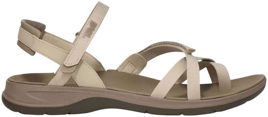 Linkerzijaanzicht van een beige Teva sandaal met taupe zool en bandjes.