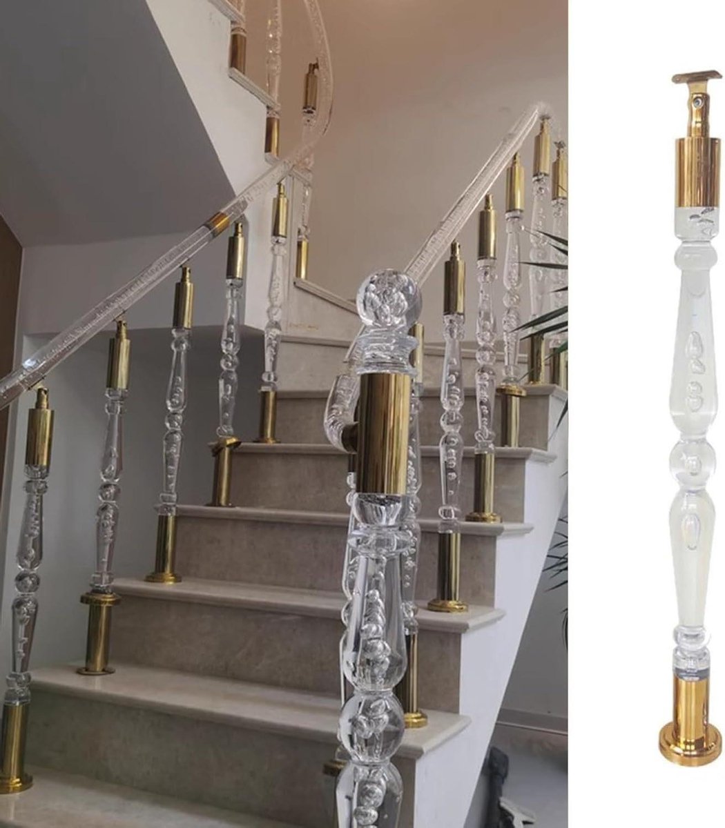 Trapleuning Spindels - Trapleuning Kolomset - Veiligheid Verhogend - Hoogtransparant Acryl - 90 cm - Helder met Goud