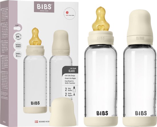 BIBS Baby Glass Bottle. 2 stuks. Tegen kolieken. Ronde speen van natuurlijk rubberlatex. Ondersteunt natuurlijke borstvoeding, Complete Set - 240 ml (Pack of 2), Ivory