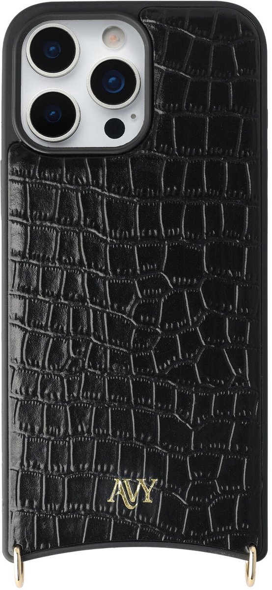 AVY Leren Hoesje geschikt voor Apple iPhone 16 Pro Max | Compatibel met MagSafe | Leather Case | Back Cover | Haakjes voor koord | Croco Zwart