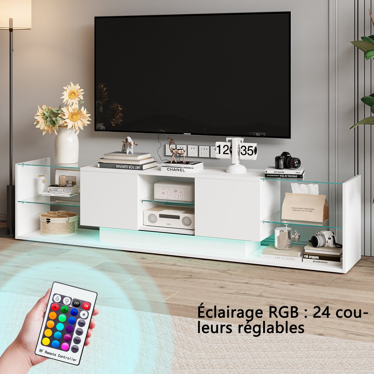 Laag tv-meubel, tv-meubel met led-tv, 200 cm lange tv-standaard met 2 lades, tv-meubel voor woonkamer, slaapkamer, wit