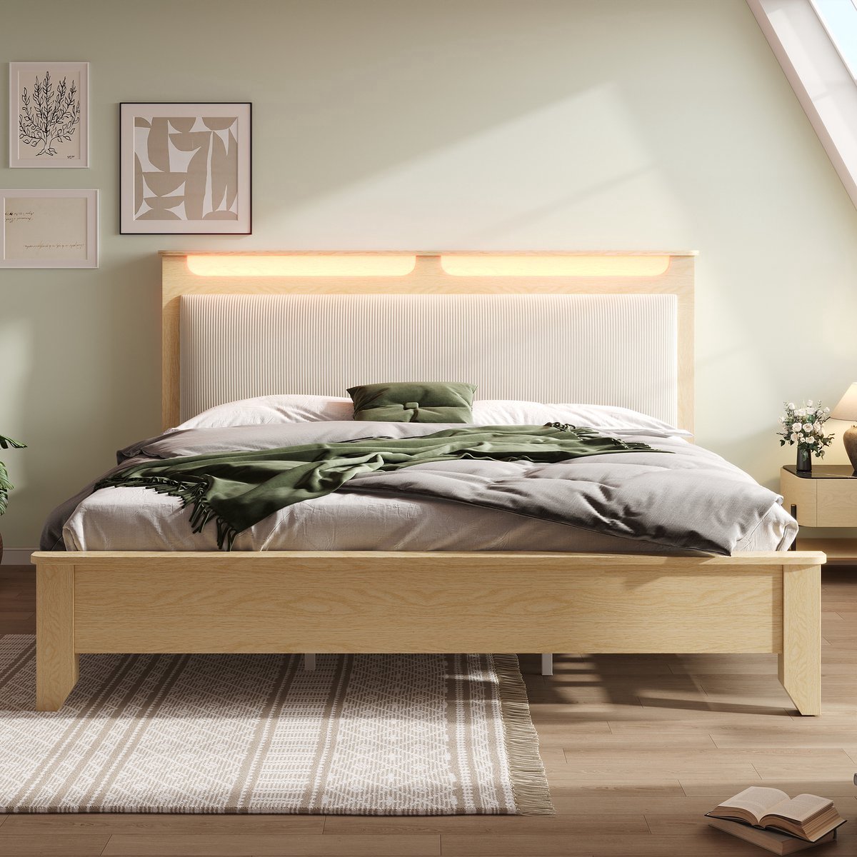 VVBV Gestoffeerd Opbergbed 140x200 cm - Opbergruimte, Hoofdbord, Houten Lattenbodem - Hout Eiken/Beige - Zonder Matras