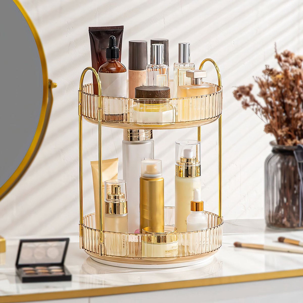Draaibare Cosmetica Organizer 2-Laags – Amberkleurige Make-up Opberger met Gouden Frame