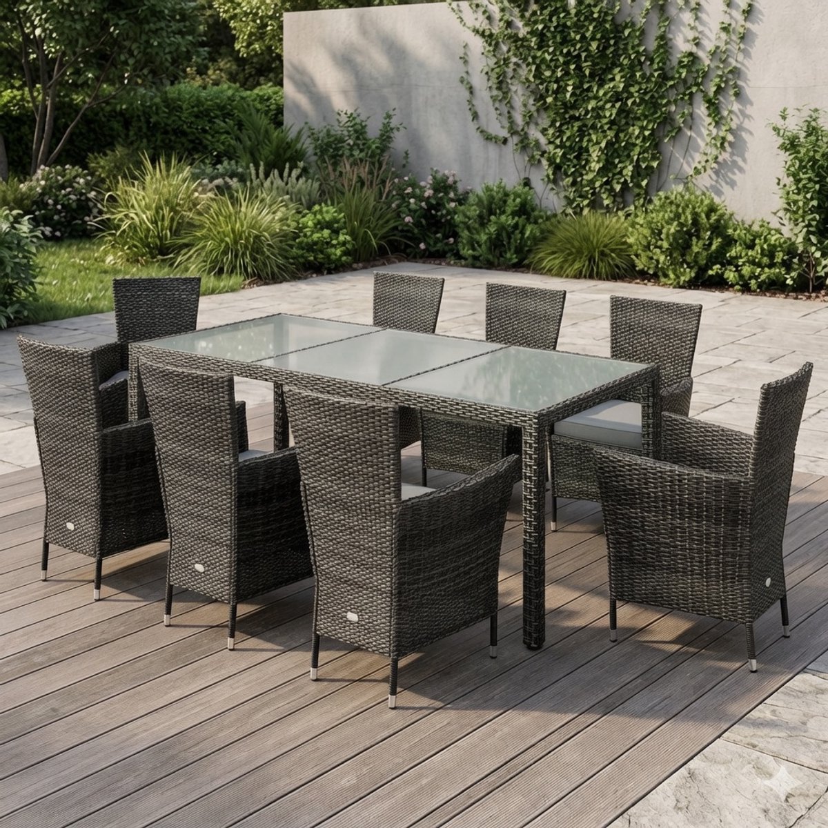 Luxe 17-delige Polyrattan Tuinset – 8 Stapelbare Stoelen met Kussens & 190x90cm Glazen Tuintafel – Weerbestendige Outdoor Eetgroep voor Terras, Tuin & Balkon – Grijs Industrohome