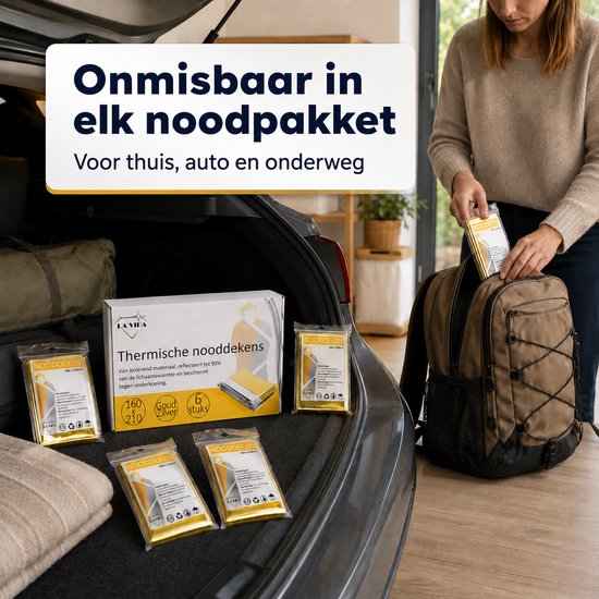 Vrouw stopt gouden nooddeken in rugzak bij open kofferbak auto.