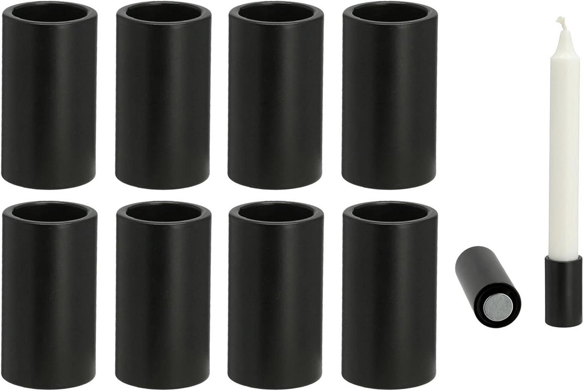 Novaliv 8X kaarsenhouders voor staafkaarsen, magnetisch ZWART 2,8x7,5cm, tafeldecoratie kerstlichtje scandinavisch chique, kaarsencups, woonkamerdecoratie, kaarsenstandaard, magneet, tafelkaarsen