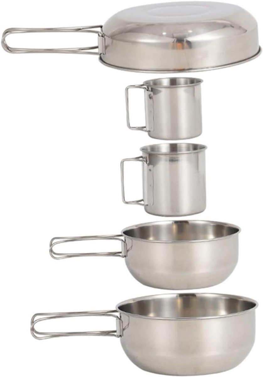 Kookgerei Set - Kampeerpan Pannenset - Buiten Koken - Inklapbare Handgrepen - 5 Delig - Zilver