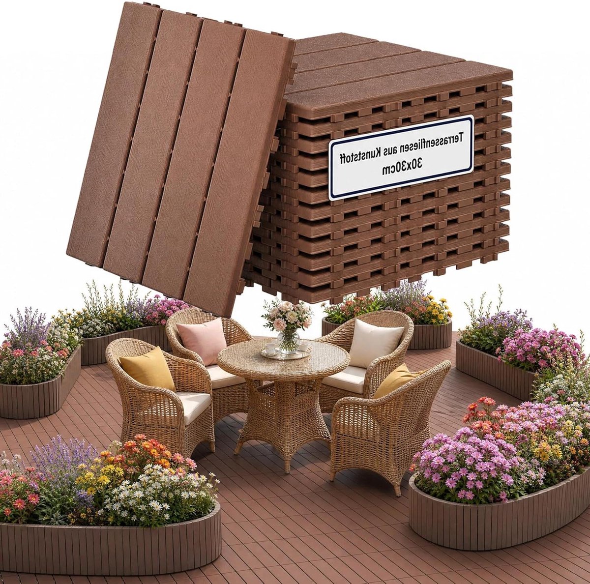Decoratieve Kliktegels - Buitenvloer Terrastegels - Terras Aanleggen - Onderhoudsvriendelijk Houtlook - 30 x 30 cm - Bruin-rood gestreept