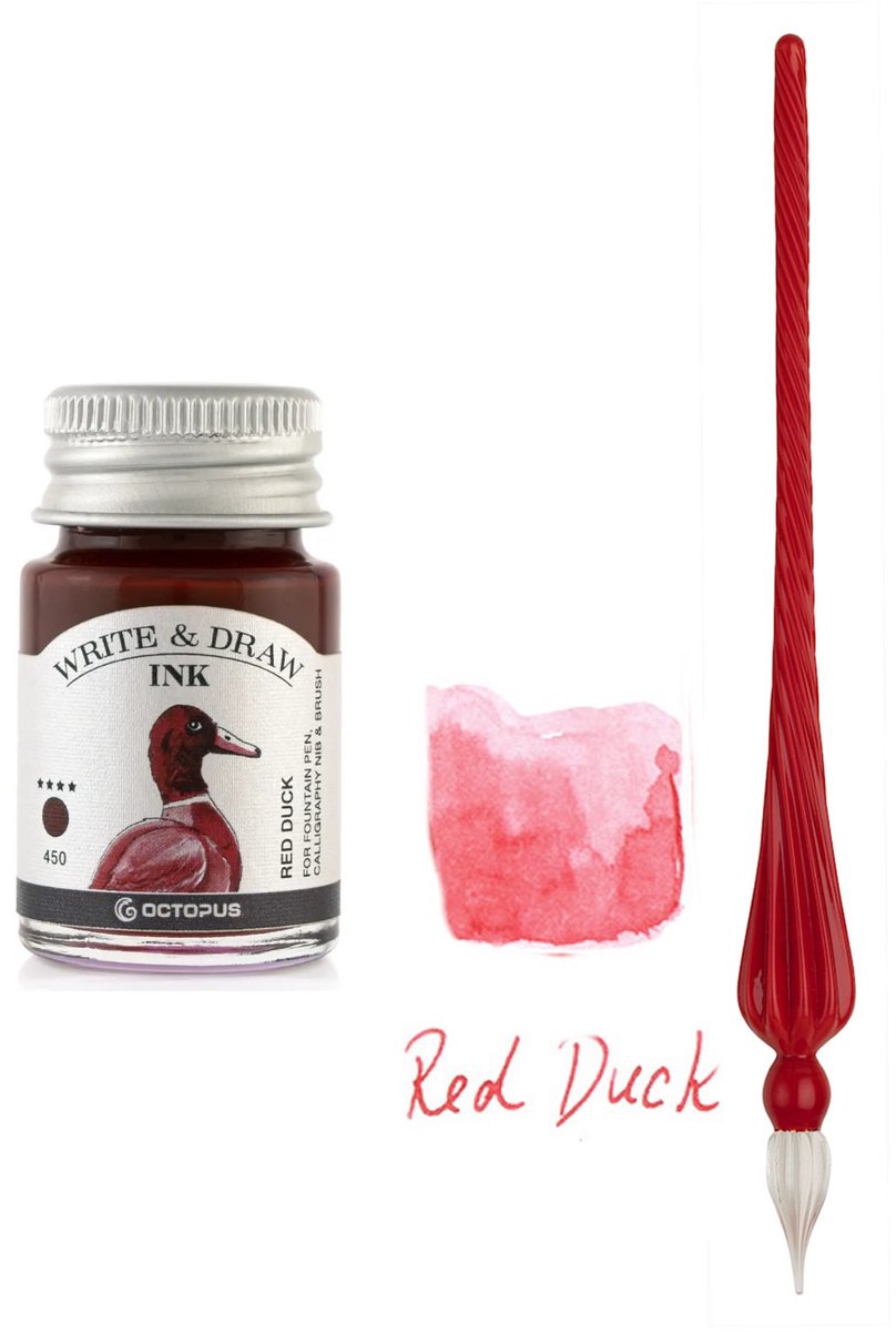 Glazen dip pen set in doosje - Rood - Potje Octopus inkt red duck