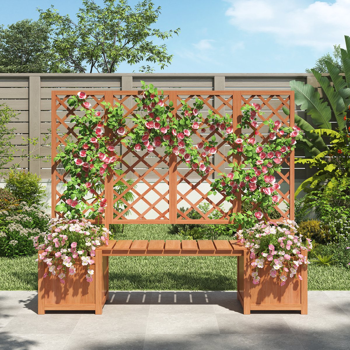 Plantenbak, plantenbak met latwerk als klimhulp, bloembak met veel ruimte, bloembak plantenbak, bruin massief hout van spar, plantenbak met latwerk en zitgedeelte voor tuin, erf, terras-burin
