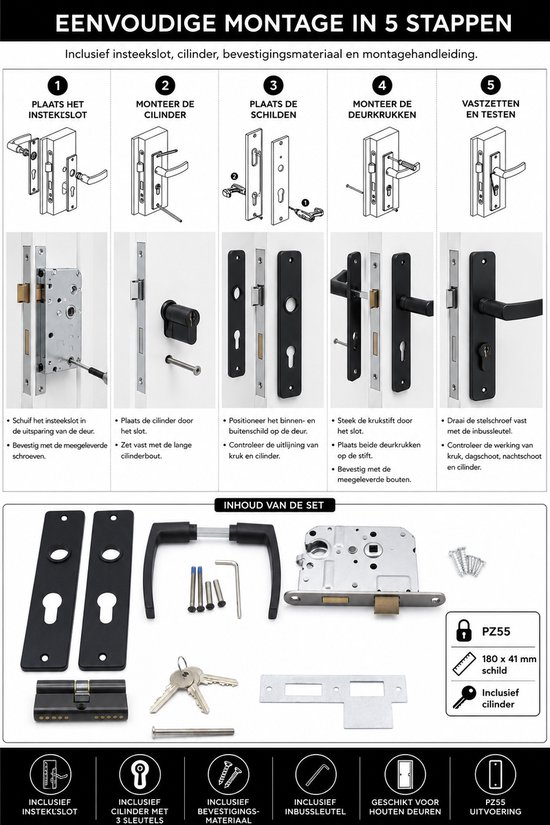 Slotman Solutions Complete Deurbeslagset Zwart | Aluminium Deurklinkset met Insteekslot en Profielcilinder 30/30 incl. 3 Sleutels | PZ55 | Voor Binnendeuren | 180 x 41 mm