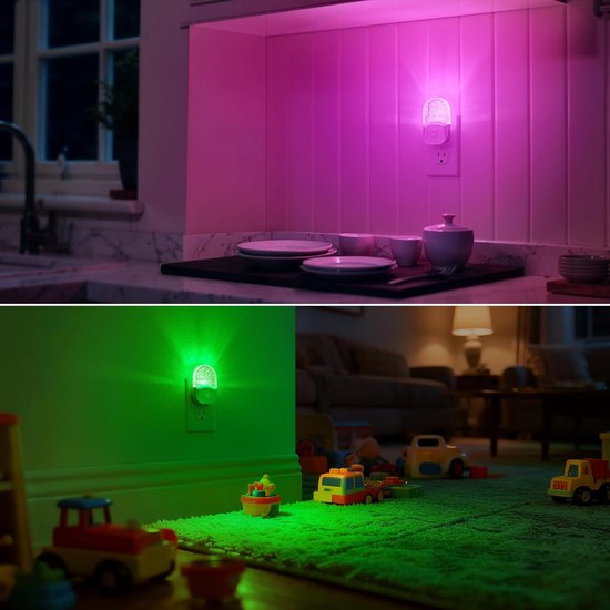 Nachtlampjes voor in het stopcontact [Set van 2] - Kleurveranderend nachtlampje voor kinderen - 7-kleuren RGB LED-nachtlampje met schemer-tot-dageraadsensor - Voor badkamer, kinderkamer of als cadeau — afbeelding 4
