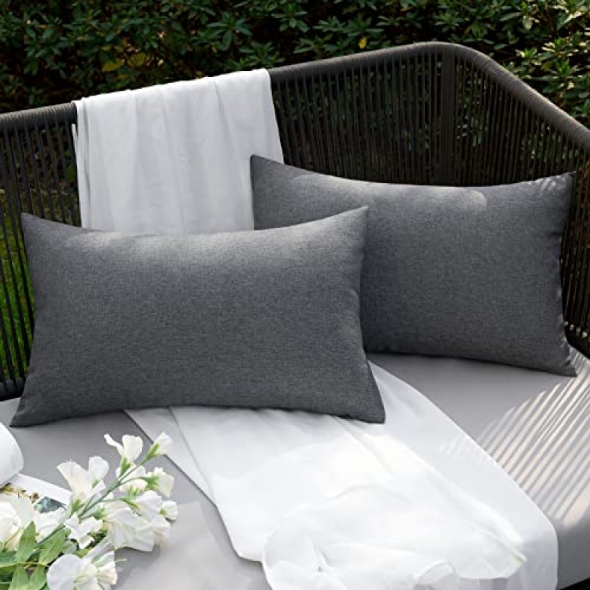 Waterdichte decoratieve buitenkussenhoezen 30x50 cm set van 2 - Grijs - Linnen look - Voor