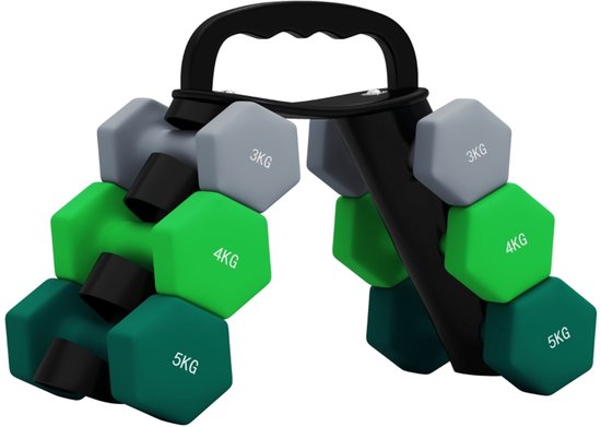 Een rek met 6 dumbbells: grijs 3kg, groen 4kg en turkoois 5kg.