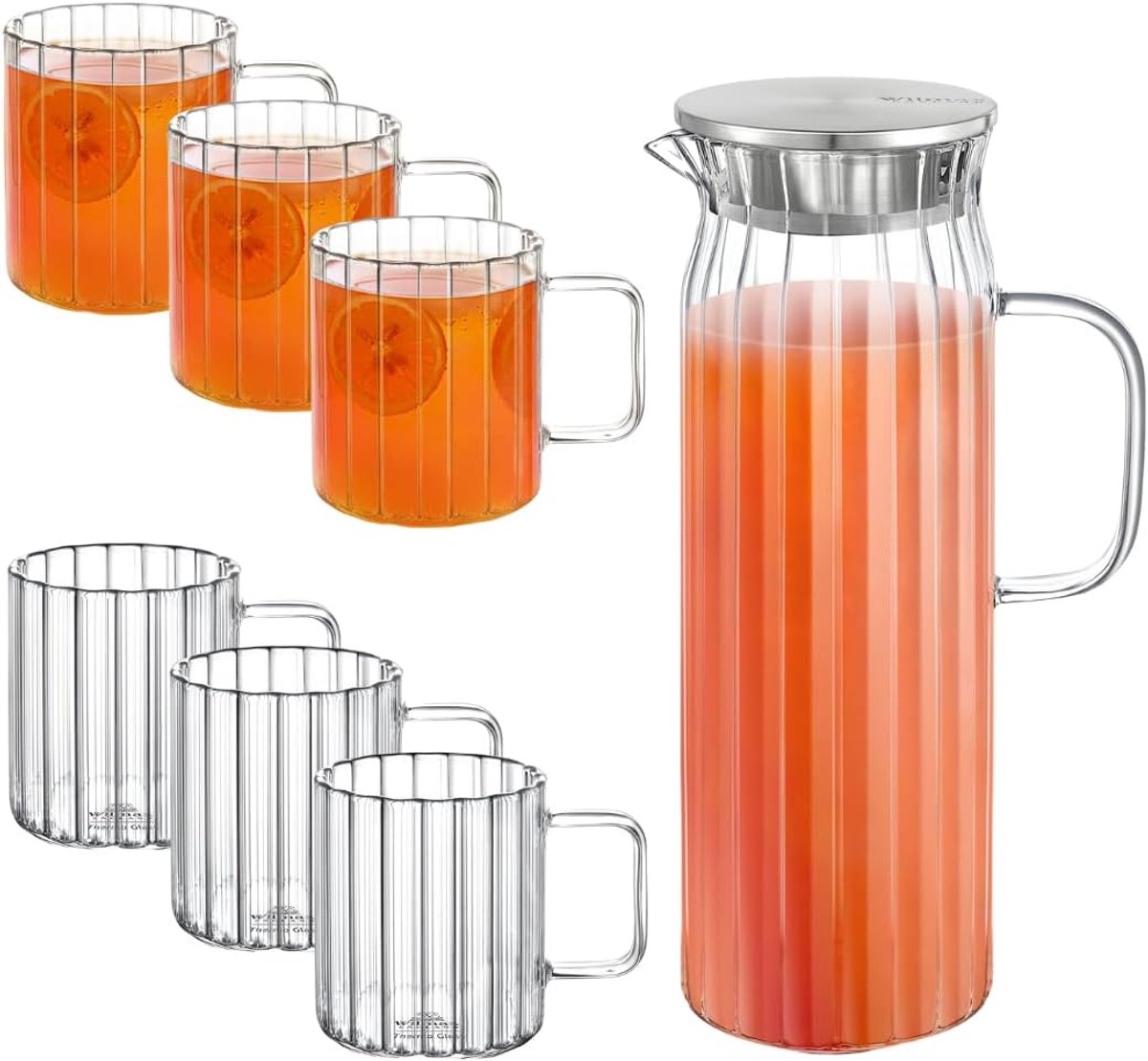 Wilmax England - Glazen Karaf met 6 Glazen - 1500 ml met RVS Deksel - Geribbeld Glas - 7-Delige Set