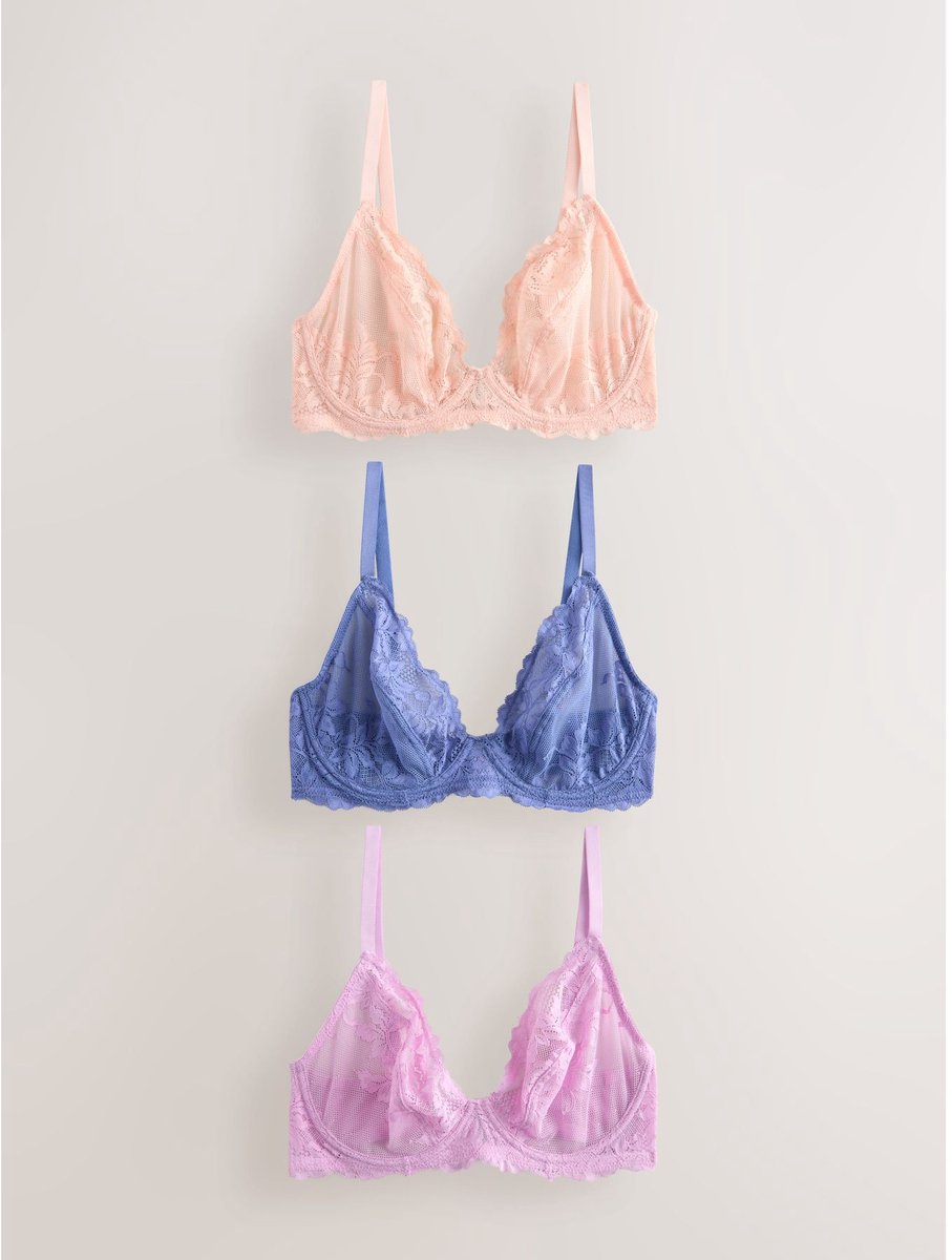 Next Dames - Set van 3 DD+ kanten beha's met lage decolleté zonder vulling - Blauw Mauve/Peach/Blue