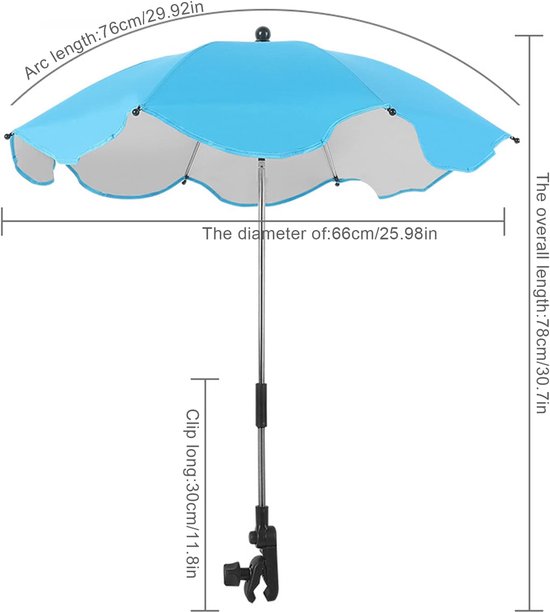 Parasol voor kinderwagen - Opklembare parasol - Universeel - Verstelbare parasol - Geschikt voor strandstoelen, tuinstoelen, kinderwagens, hometrainers, rolstoelen en trolleys - UV-bescherming - Blauw — afbeelding 4