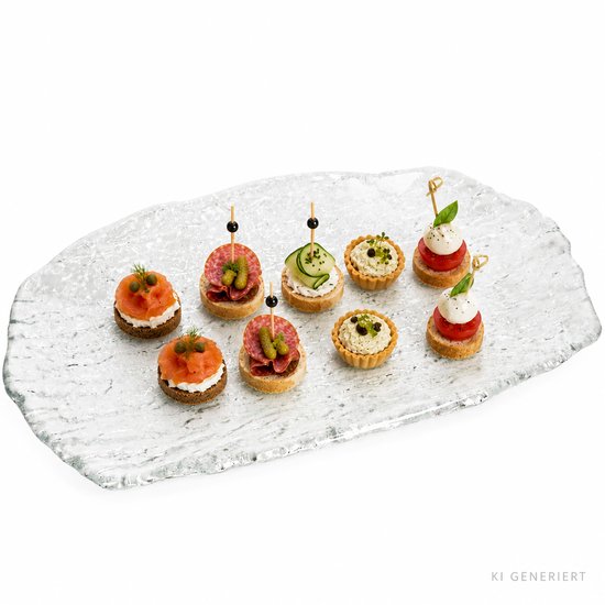 Een glazen serveerschaal met daarop 8 hapjes: zalmrolletjes, salami met augurk, komkommerhapjes en tomaten-mozzarella-hapjes.