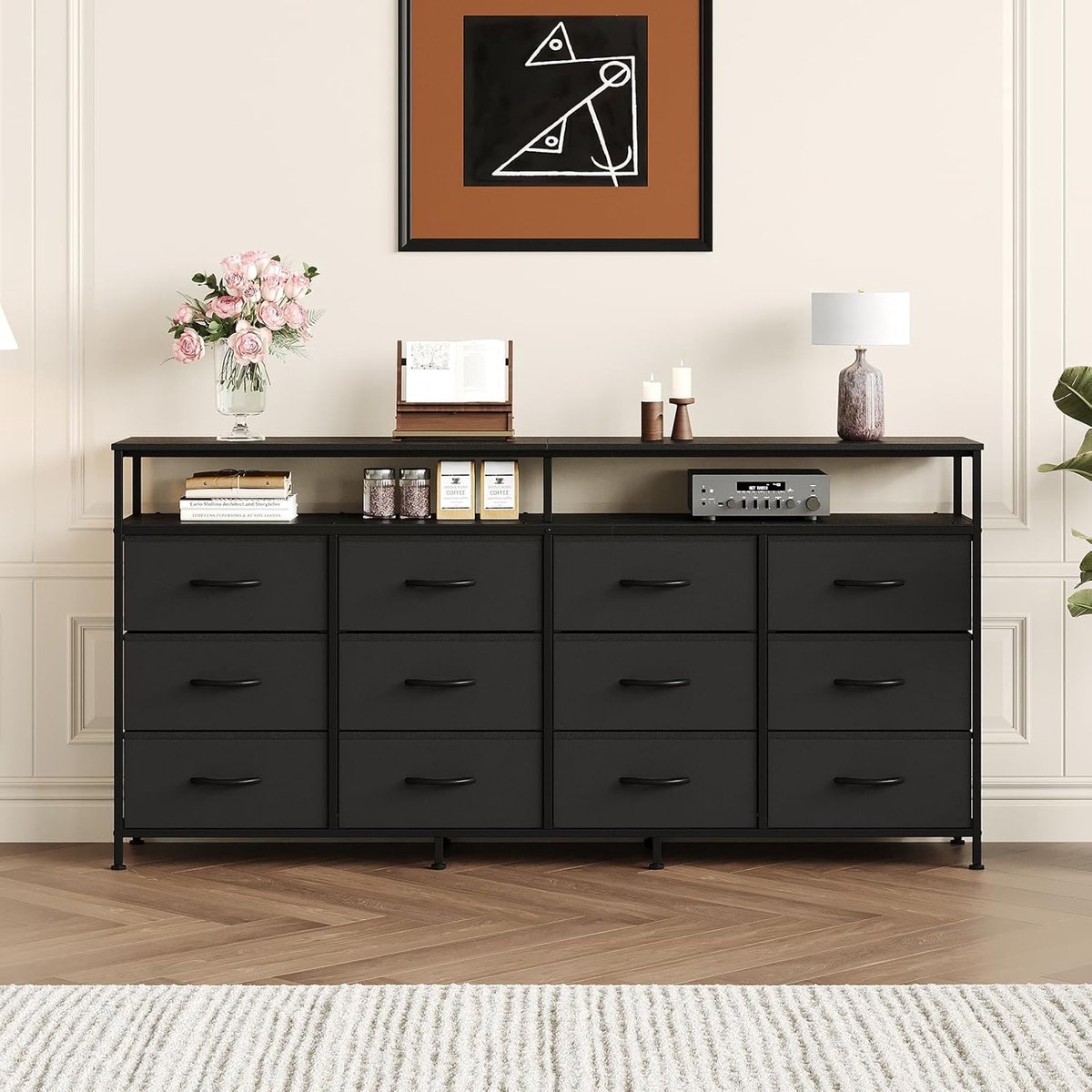 Ladekast - Lange Dresser TV-Meubel met 12 Laden en Open Planken - 160 cm Breed - Multifunc