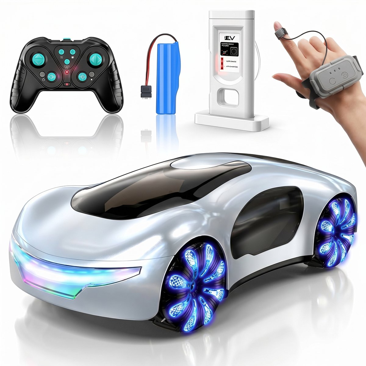RC Voertuigen - Futuristic Remote Control Car - Radiografisch Speelgoed - Gesture Sensing Rc Stunt Car with Light Spray & Sound, - 360° Rotate - 2.4GHz RC Cars - Bestuurbare Auto voor Jongens en Meisjes - White