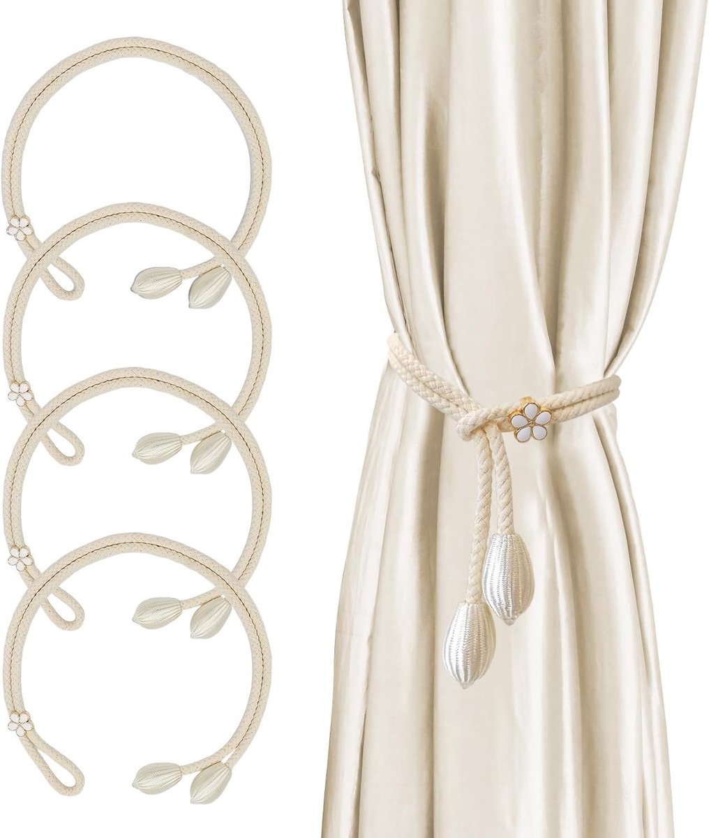 Set van 4 Gordijnhouders in Beige | Elegante Boho Stijl | Handgeweven Gordijnaccessoires voor Thuis, Kantoor, Slaapkamer en Woonkamer