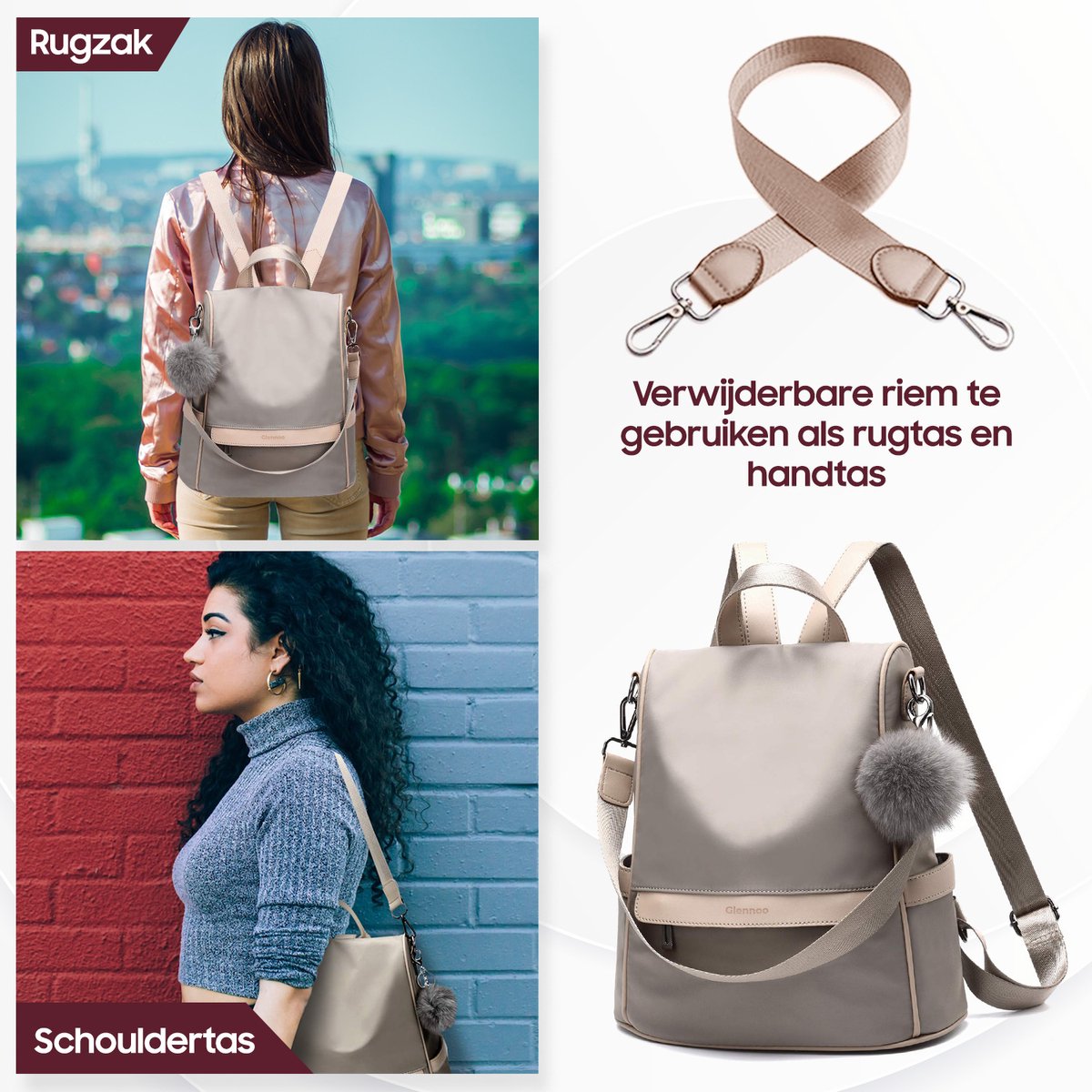 Glennoo Anti-diefstal rugzak - Rugtas dames - Waterdicht - Klein - Anti-theft backpack - Nylon - Beige – foto 6