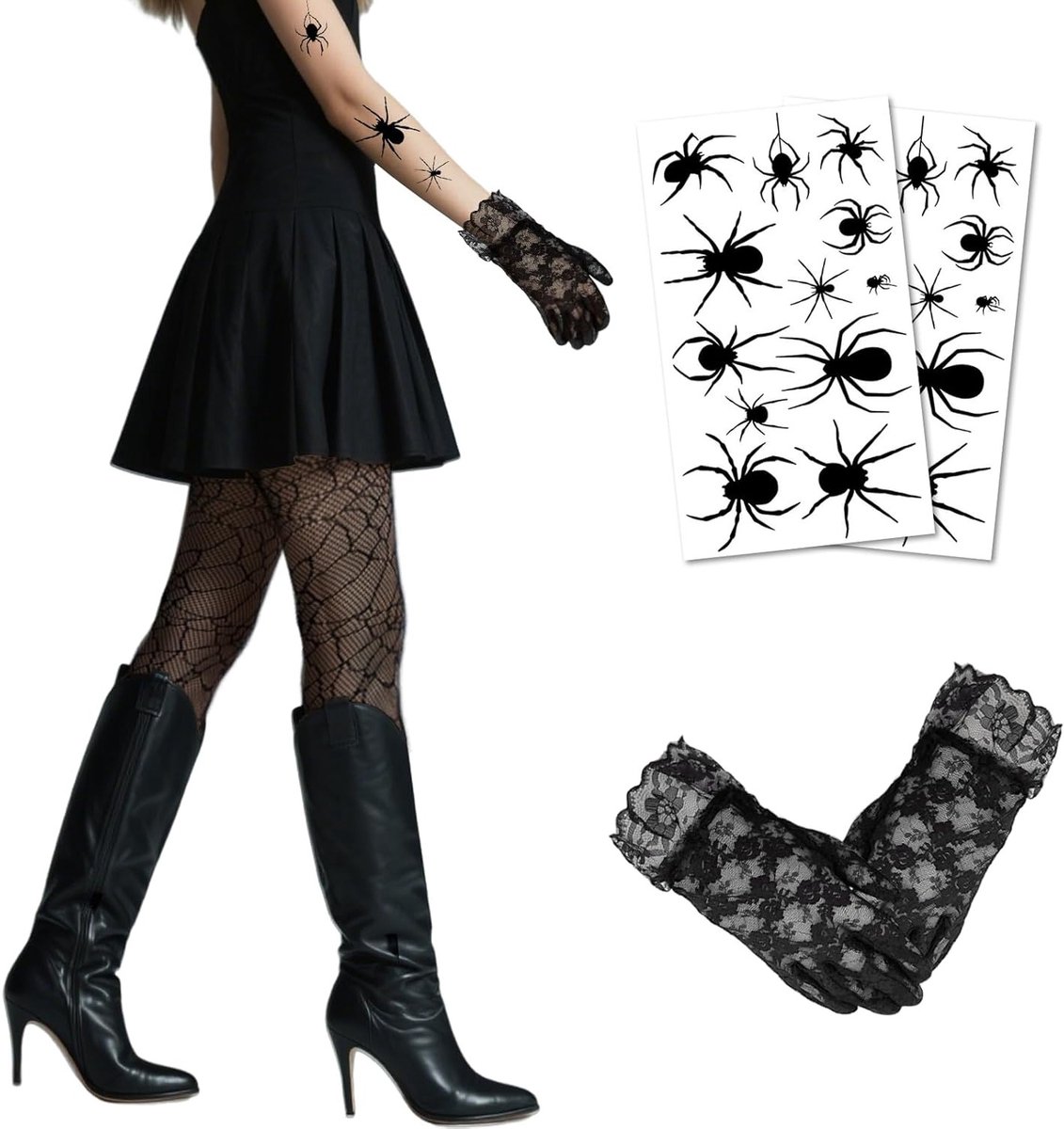 Set van 4 Spinnenaccessoires voor Vrouwen, Spinnenkostuum, Kanten Handschoenen, Netpanty en 2 Bladen Gezichts-tatoeages voor Carnaval, Cosplay en Halloween Kostuums