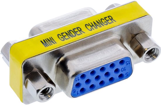 Un adaptateur Mini Gender Changer argenté avec une bande jaune et texte bleu 'MINI GENDER CHANGER'.