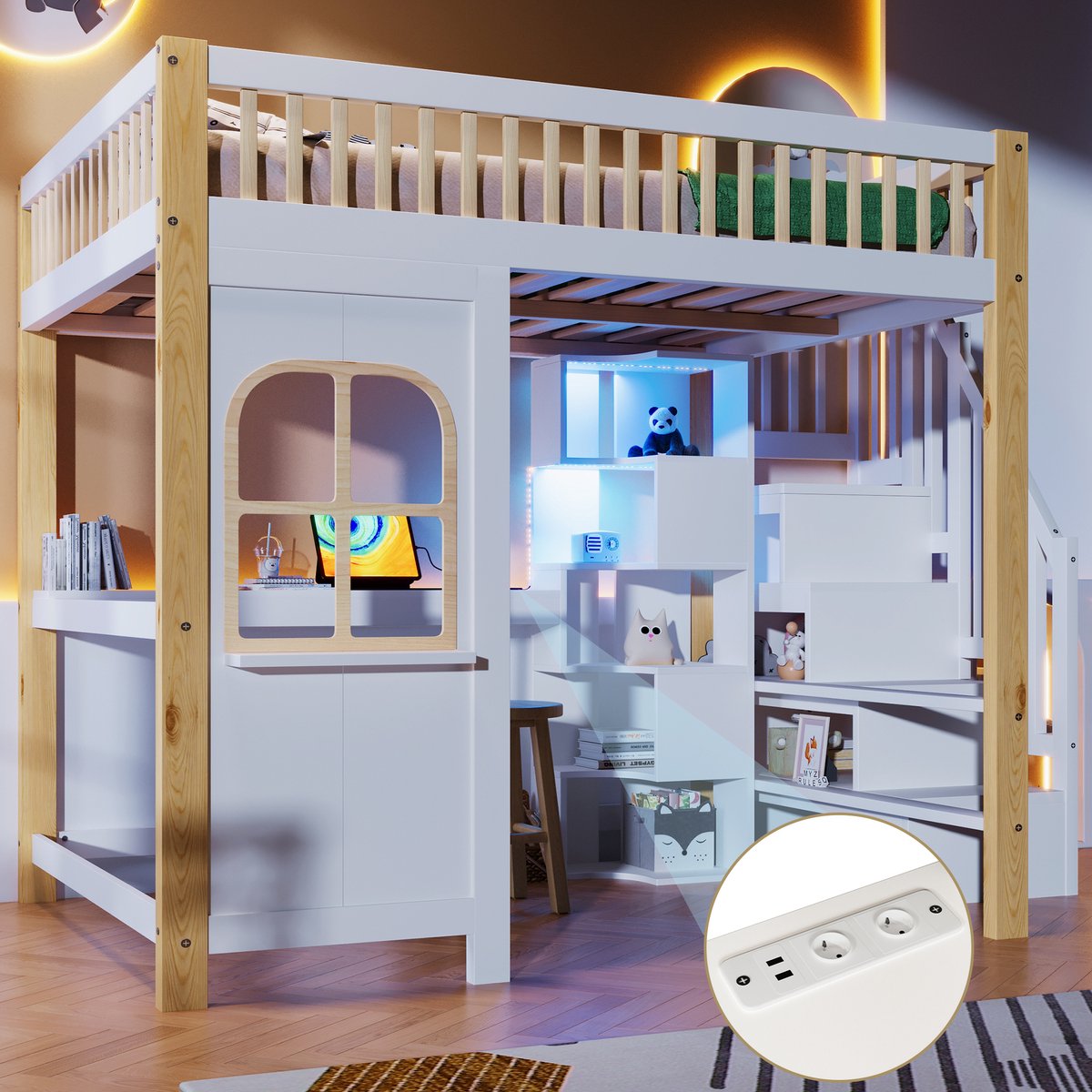 VVBV Hoogslaper 140x200 met Bureau – Ladder, LED en Stopcontact – Zonder Matras – Wit – met Opbergruimte – LED-Verlichting – Hout – Bed met Bureau White+Natural
