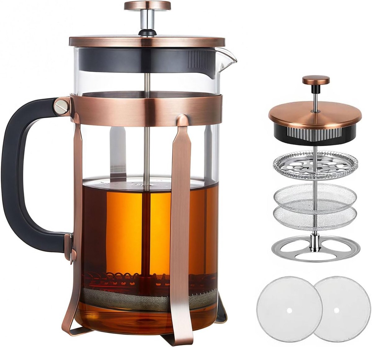 Koffiezetapparaat 1 Liter van roestvrij staal met 4 filters borosilicaatglas hittebestendig en BPA-vrij voor perfecte koffie en thee