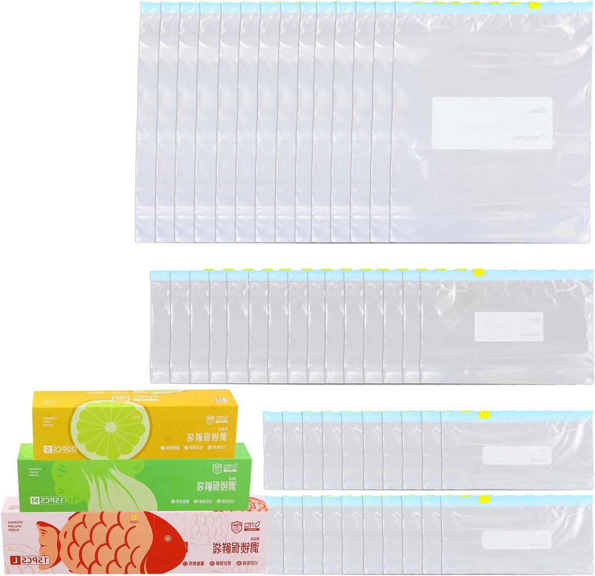 Herbruikbare diepvrieszakken - 50 stuks, 3 maten voor voedselopslag, ideaal voor groenten, fruit, vlees en sandwiches