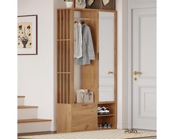 100 x 33 x 190 cm Wardrobe with Hallway, 6-in-1 Entrance Cabinet for Hanging Jackets, Hallway Cabinet with Clothes Rack, Wardrobe and Mirror, Cabinet with Lower Door, Wood Colour.