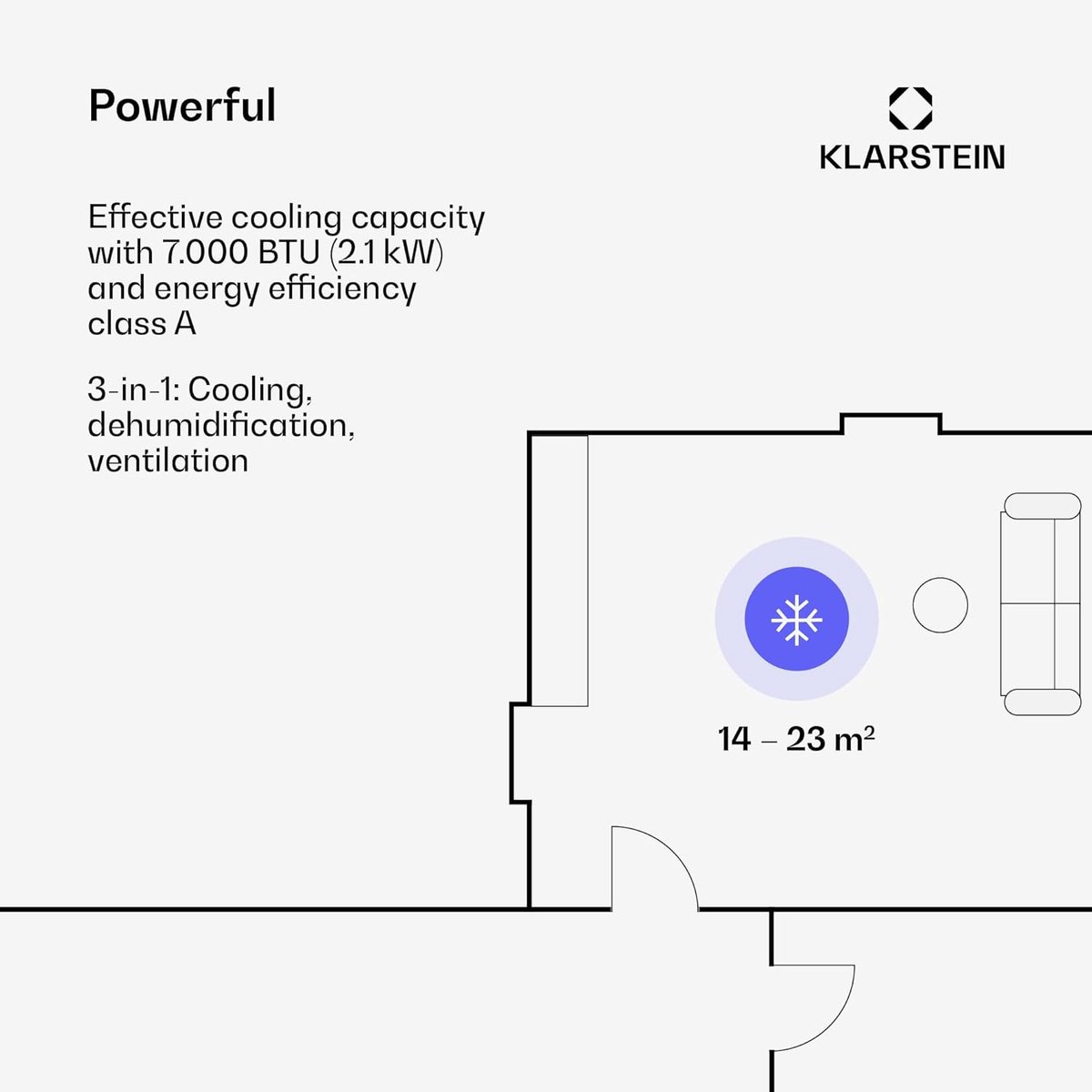 Klarstein Pure Blizzard 3 2G - Mobiele Airco 3-in-1 koelventilator, ontvochtiger, timer, geluidsarm, energie-efficiëntieklasse A, 808 W / 7000 BT, tot 65 m³, wit — afbeelding 7