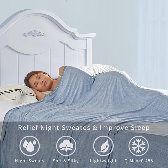 Vrouw slaapt onder lichtblauwe, zachte deken. "Relief Night Sweats & Improve Sleep"