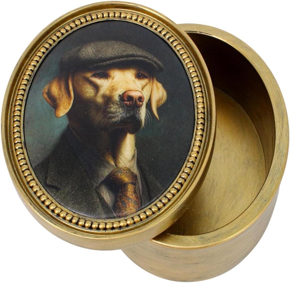 Ovale Opbergdoos - Decoratieve Doos - Sieraden Opbergen - Hond Met Pet Decoratie - 16 cm Hoog - Goud