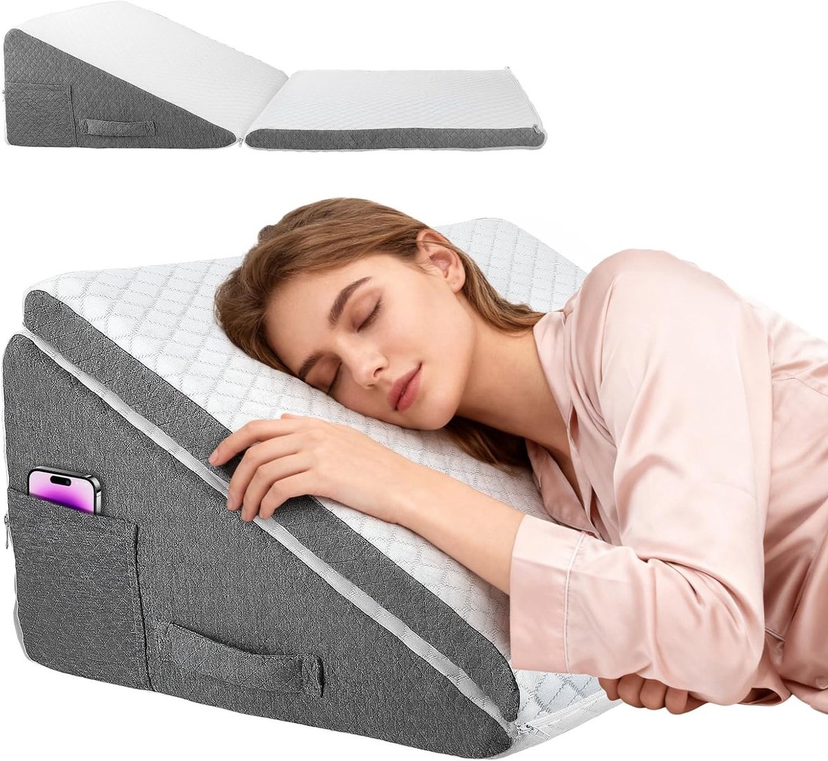 Ergonomisch wigkussen voor bed en bank, verstelbaar traagschuim kussen, ideaal leeskussen en zitkussen, 50 x 50 x 26 cm, wasbare hoes voor optimaal comfort
