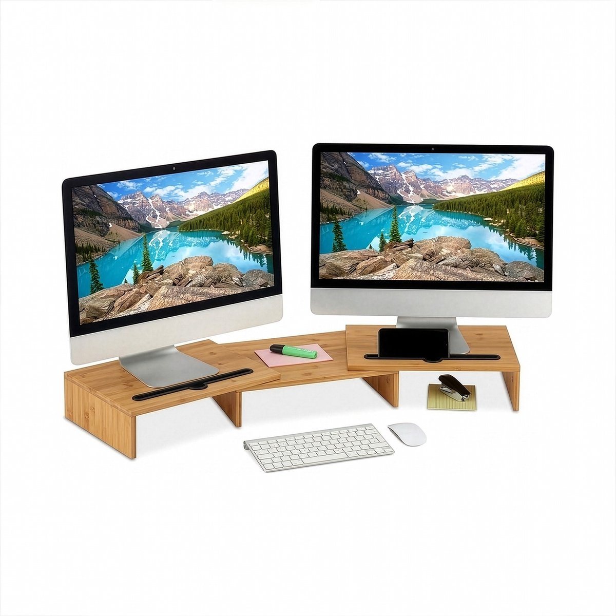 Monitorstandaard 2 schermen - verstelbaar - 74-105 cm - bamboe