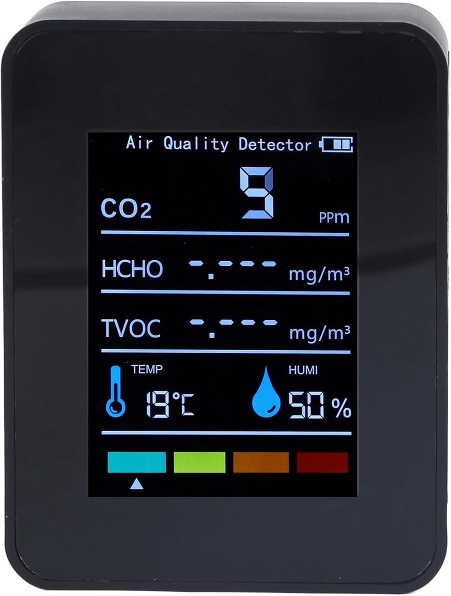 CO2 Detector - Luchtkwaliteit Monitor - Binnenklimaat Meten - Real-time Detectie - LCD Scherm - Zwart