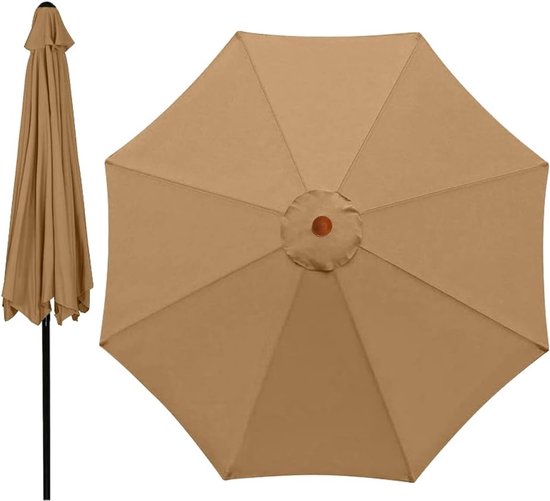 Bruin parasoldoek, geopend en gesloten, met zwarte paal.
