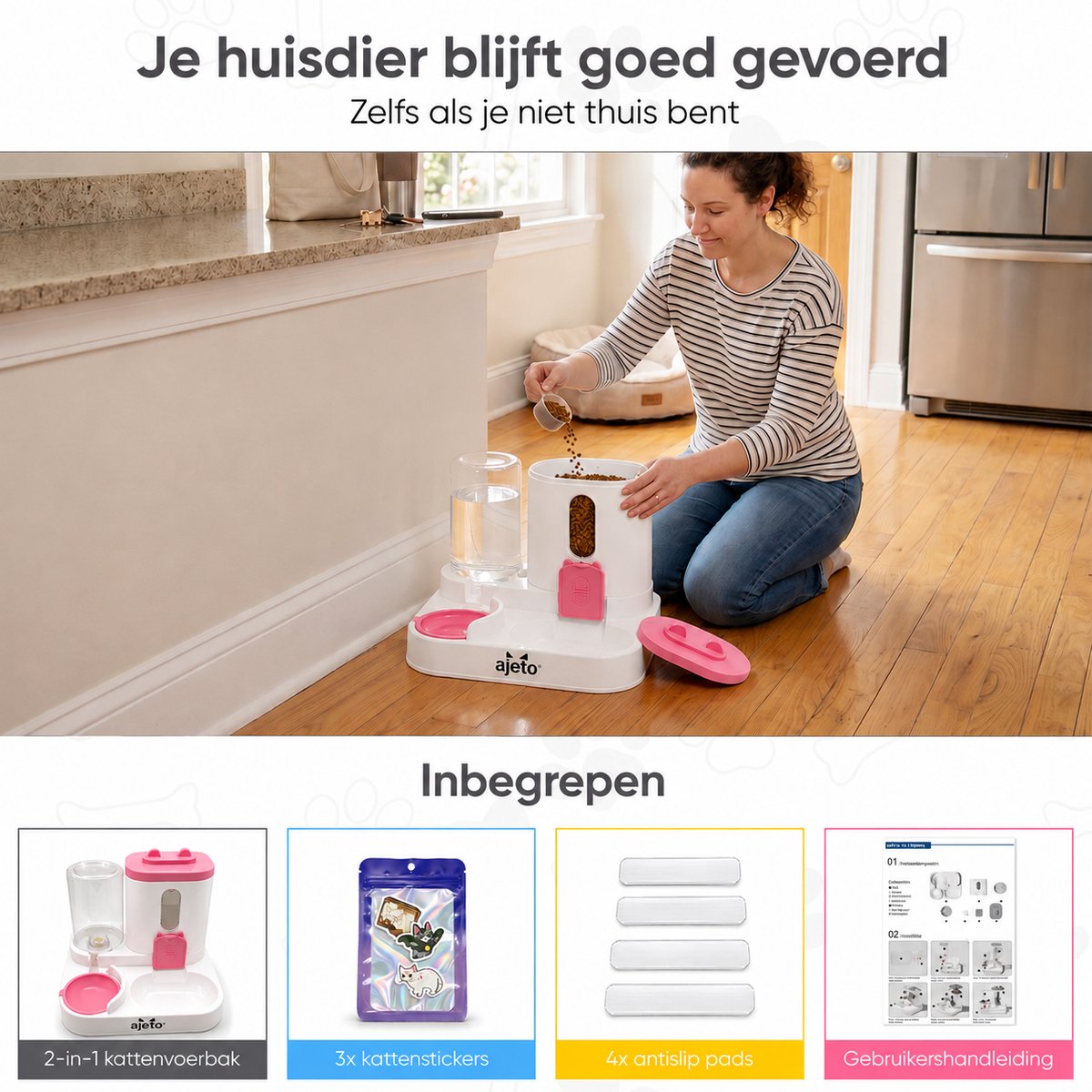 ajeTo Voerbak Kat 2-in-1 met Waterreservoir - Pastel Roze - afbeelding 3